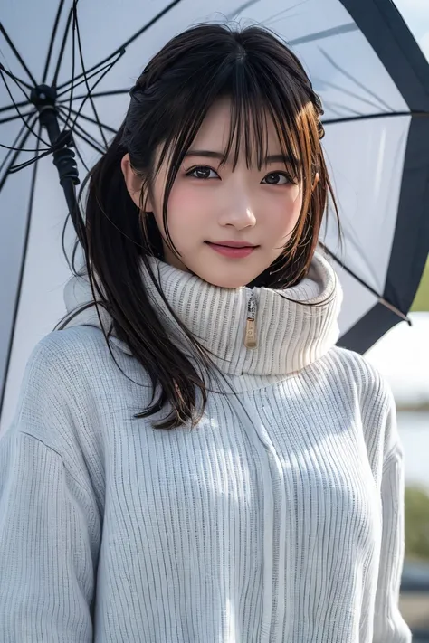 best quality, 8k, masterpiece :1.3)), 1 girl, random hairstyle,  photos, face focus, Costume, super detailed face, detailed eyes,  double eyelids, idol, cute, full body, Winter clothes, smile, Use an umbrella, It rains