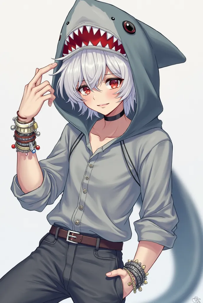 Make me a white anime boy with a vampire smile with white hair and a little red hair wearing a gray shark hat with an elegant gray shirt and gray pants with gray combers and bracelets on his hands with gray pullitas