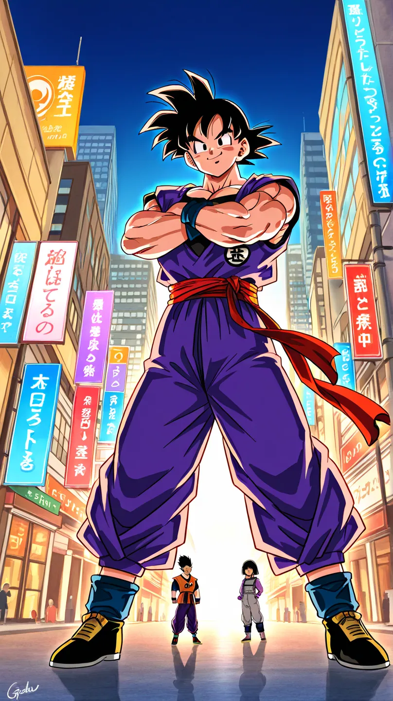 Create the age Dragon Ball character Gohan in a city