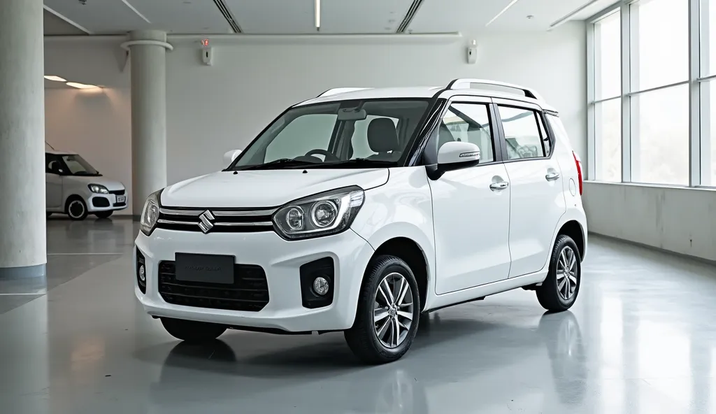 Generate the image exterior front left side  (white ) (New 2025 Maruti Suzuki Wagon R ) seating pristine showroom