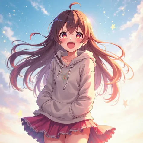 "A 20-year-old anime girl with long, flowing hair, smiling brightly with excitement. She has sparkling eyes full of joy and energy. She is wearing a stylish and colorful outfit, possibly a casual dress or a trendy hoodie with a skirt. The background is a v...