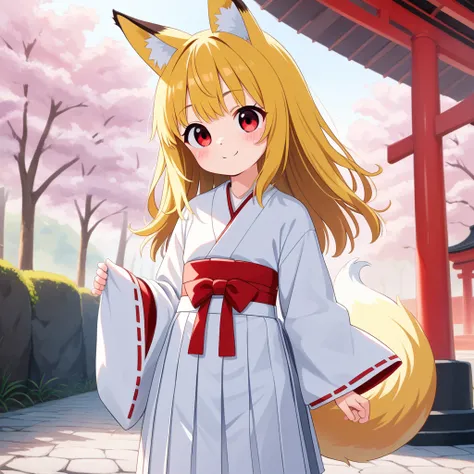 (masterpiece, best quality:1.4), (8k, ultra-detailed, anime style:1.2), cute young girl,  Fluffy fox ears, Fluffy fox Tail,:1.6), big eyes, small nose, detailed hair, (wearing Japanese white clothes:1.6), BREAK (red short hakama:1.4), bright and colorful b...