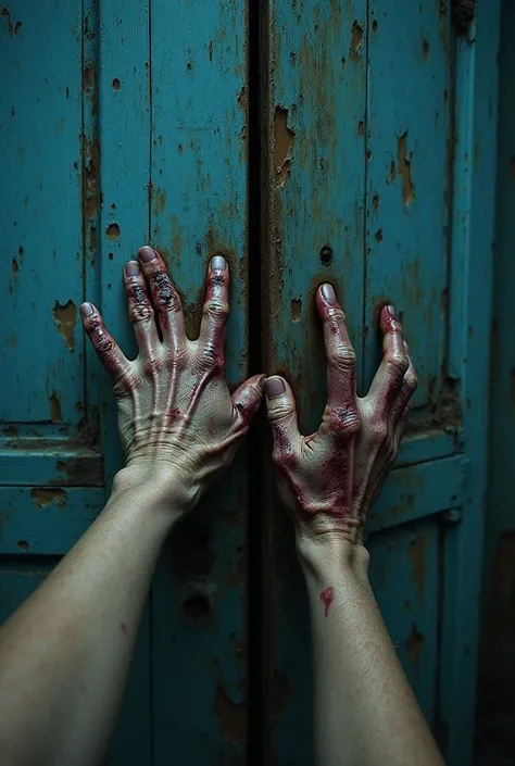 The image presents a first-person view of a being with decaying hands pressing against an aged wooden door. The hands have pale, dry skin covered in open wounds, indicating a zombie-like state. The door is old, with peeling blue paint and rotting sections,...