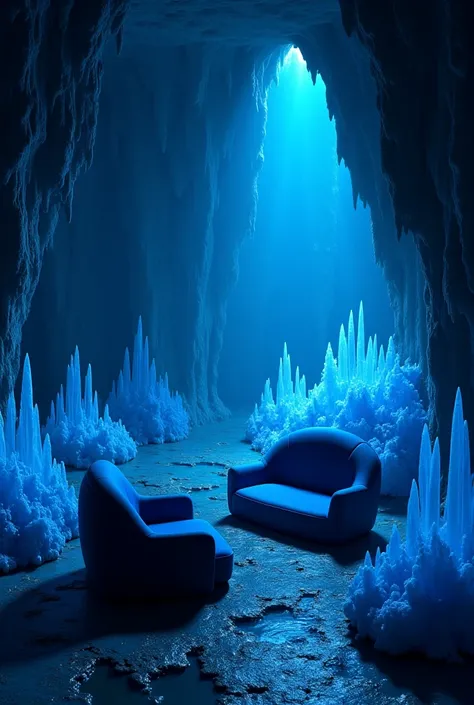 dark cave sofas with navy blue stalagmite crystals, With no one present, and some.