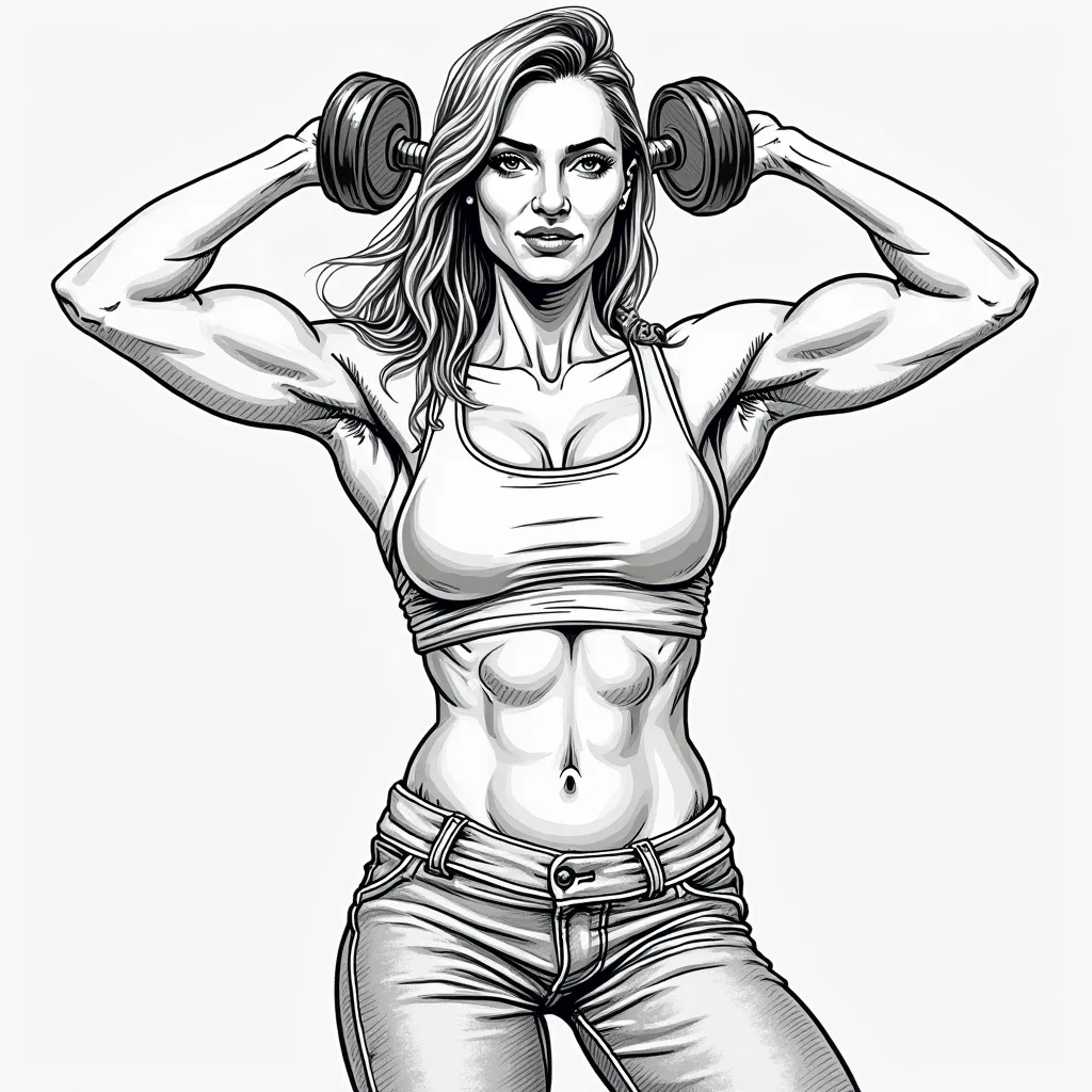 a close up of the front of a vector, drawing of a woman showing her biceps and holding a dumbbell , conceptual art, professional profile picture,, logo, logo de forma sólida ,  editorial illustration , logo, professional black and white professional art