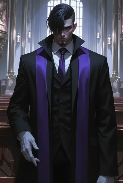 man with dark skin, black hair cut low around the back with a long fringe covering his left eye, pointed goatee, dressed in a priest's outfit, red eyes, white gloves, purple clerical stole, look of superiority and sarcastic smile, inside a church