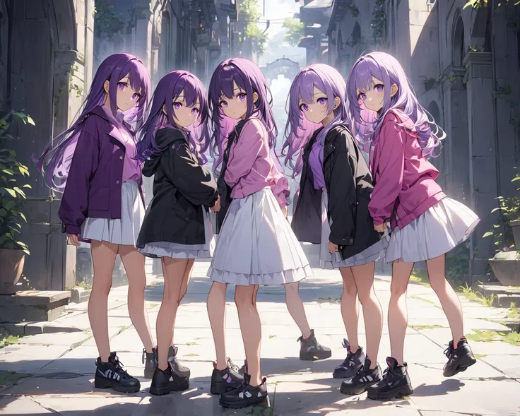 anime style, 3girls, full body front, standing, bare legs, light skin, purple long hair, purple eyes, pink shirts, purple coats, white skirts, black fur shoes