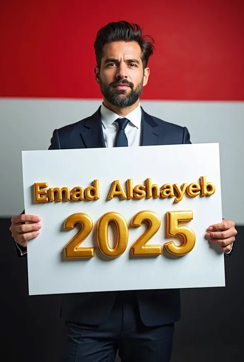 An elegant businessman holding a white board with a bold 3D gold font " EMAD ALSHAYEB 2025 " It is shown to the viewer and behind it is a wall painted in the colors of the Egyptian flag 