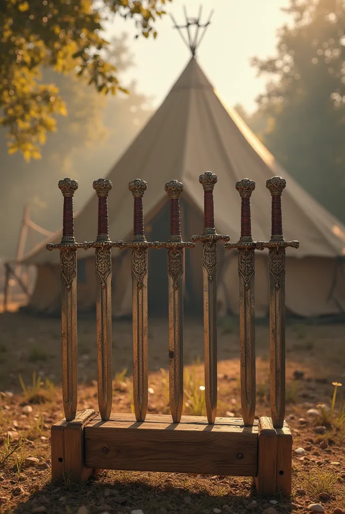 Here is a detailed prompt based on the image:  

**Prompt:**  
"An ultra realistic scene in 8K, POV version. A wooden stand displays five aligned medieval swords, each with richly adorned handles and sharp blades reflecting sunlight. The background shows a...