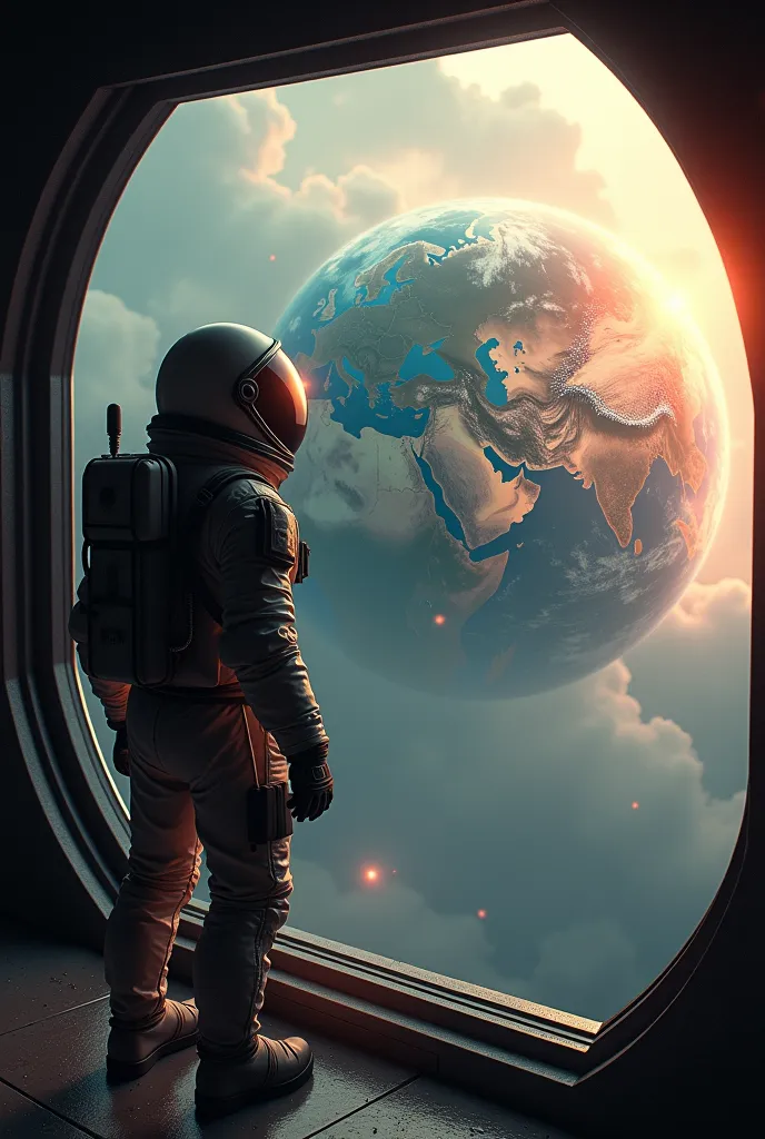 An astronaut is looking out the window of his ship at a planet Earth devastated by a nuclear war  