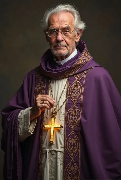 An elderly Patriarch stands with a serene and dignified presence, his sharp yet gentle features reflecting wisdom and devotion. Clad in flowing dark purple and white robes adorned with intricate golden patterns, he wears a luminous golden cross around his ...