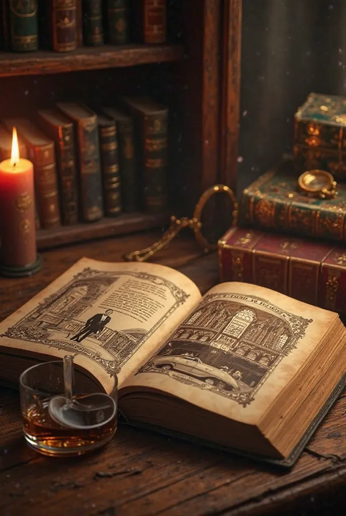 An old book and open on a wooden table, with detailed illustrations in sepia tones. The pages of the book show images of an elegant mansion, a luxurious dining room with a long, decorated table, a car Classic from the 20s and a man dressed in a sophisticat...