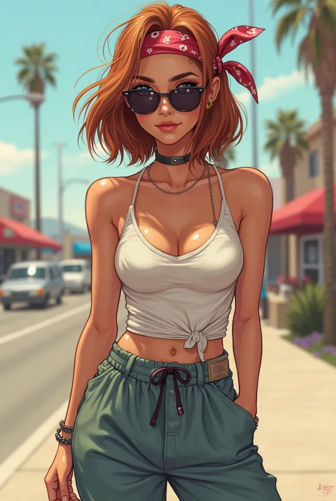  Create a character with the following characteristics:
- she's an 18-year-old girl
- her name is Dainara
- lives in the city of Los Angeles in the neighborhoods area
- copper brown hair
- wob cut style up to the shoulders
- slightly stripped light blue ey...