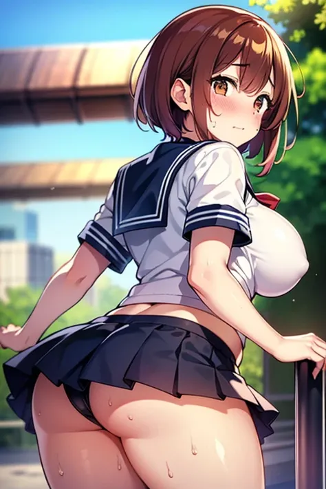 Best quality, high resolution, 1 Japanese girl, short red hair 1.3, idol face, shiny brown skin 1.5, sweaty 1.4, big breasts, chubby figure, butt facing, sailor uniform 1.5, thighs 1.3, embarrassed expression, park background