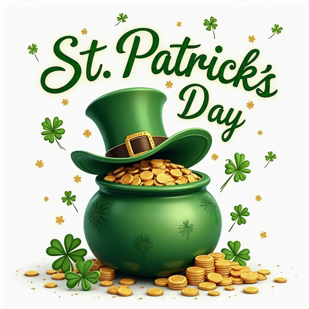 poster:loveline glamours vibrant attractive font ,''St.Patricks Day'',🏆 Pot of Gold,🎩 Leprechaun Hat,Shamrock (Three-Leaf Clover),fully stylish,ultra realistic,🎈 Green Balloons & Decorations✨ Gold Coins (Leprechaun’s Treasure),,ultra sharpness,full hd qual...