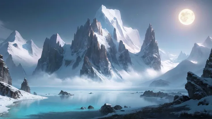 Mountains and lakes，An impressive fantasy landscape with a bright moon in the sky ,  4K HD detail digital art,  4k HD Wallpaper very detailed, impressive fantasy landscape,  sci-fi fantasy desktop wallpaper ,  unreal engine 4k wallpaper ,  4k detailed digi...