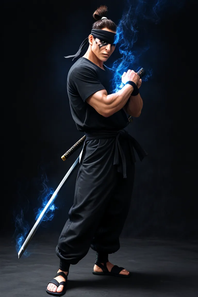 japanese man, ninja man, 18 years old, wearing a half mask, headband black cloth , long hair tied up, wearing a short t-shirt, black tight jeans, hands wrapped in black cloth, feet wearing ninja sandals, body with dragon scales, carrying a katana, face tat...