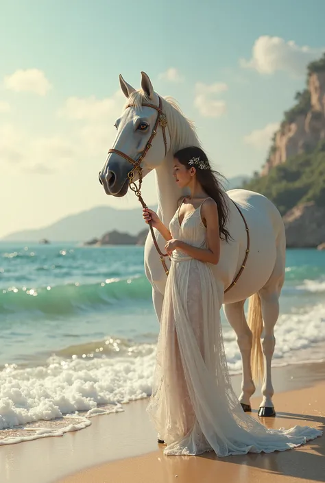 Sea beautiful scenery and girl is standing next to the sea with her beautiful horse