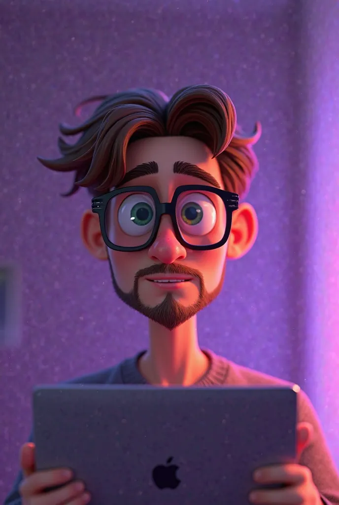 Light brown haired brownish-white skin with glasses like an animated character with very light beard and mustache eyes with green developer RGB purple lighting on the back of macbook in hand