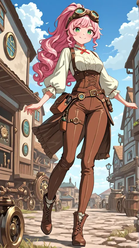 highest quality。masterpiece。detailed details full body 。one woman。 pink hair long curly hair ponytail 。 green eyes. cute steampunk cowgirl outfit 。vtuber style. goggles on head. Cheerful smile. The background is a western style town, dusty wind, blue sky a...