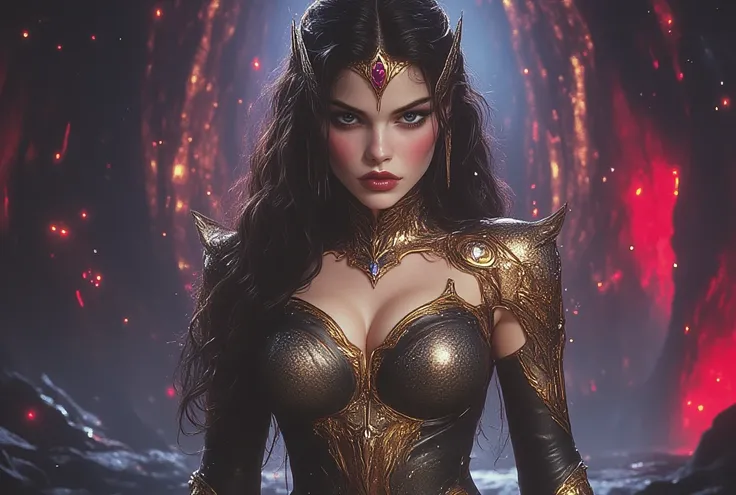 Realistic drawing of a young woman in her 20s, Norse Goddess Freya, con rasgos europeos ESTILO Megan Fox, Megan Fox,  VERY BEAUTIFUL , HAIR IS STANDING AND HOLDING A GOLD KNIFE,  intense and penetrating look . Her VERY LONG HAIR,seeds, DARK BLACK JET HAIR ...