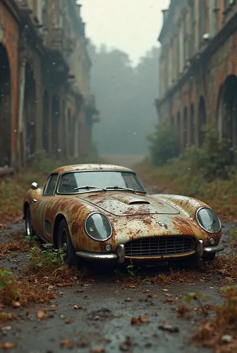 Create an image of a lowered Ferrari that is all rusted 