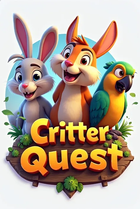 Create a Pixar-style emblem for 'Critter Quest' showcasing a charming cast of animated creatures like a cheerful rabbit, clever squirrel, and lively parrot. Emphasize dynamic, friendly expressions, smooth 3D shapes, and a bright color palette that radiates...