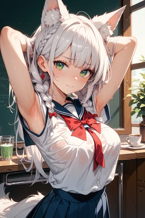  school uniform。Summer clothes。 fox ears。 white hair。hair inside ears is black。Partial braids。emerald green eyes。embarrassing。showing armpits。My armpits are sweaty and stuffy。 D cup breasts。Armpit zoom