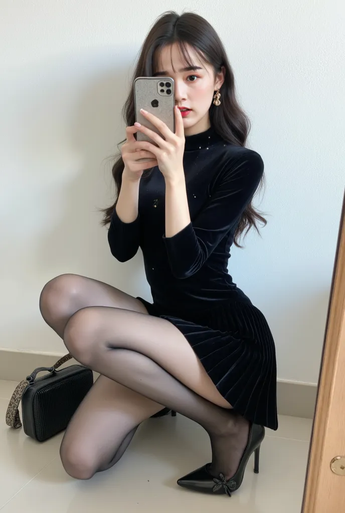 SS,BD, Beautiful and stylish woman, Beautiful young Korean actress face, tall, beautiful long legs, full body, A full-body image of a woman in a pleated velvet mini dress with a fitted upper body, featuring long sleeves and subtle embellishments along the ...