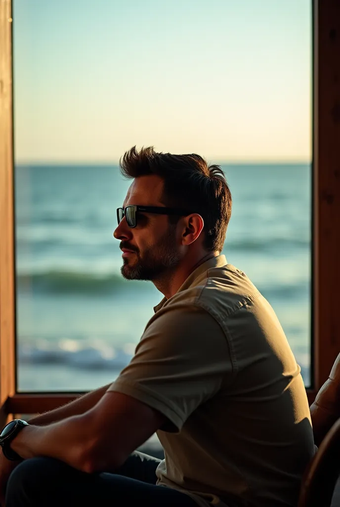 Create photo of a bearded black-haired man with sunglasses sitting in front of the window by the sea he is 35 years old