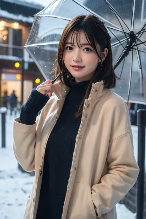 best quality, 8k, masterpiece :1.3)), 1 girl, random hairstyle,  photos, face focus, Costume, super detailed face, detailed eyes,  double eyelids, idol, cute, full body, Winter clothes, smile, Use an umbrella, It rains