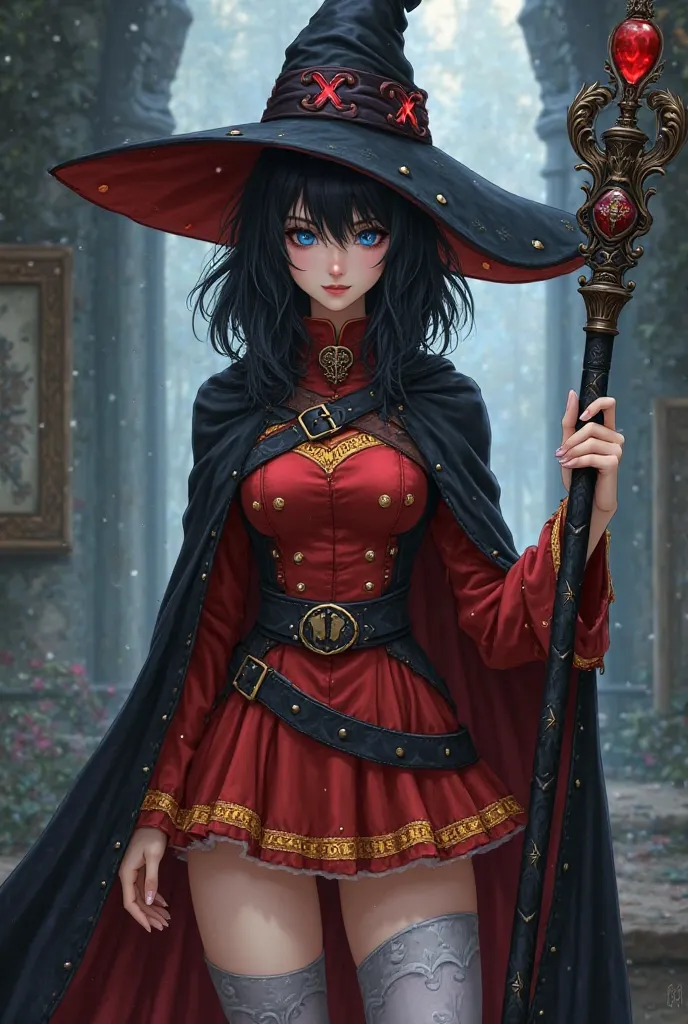 Create Castlevania style a beautiful young woman with medium black hair with two straight locks in the front with blue eyes with medium hips with shapely legs wearing a very short red magic dress with yellow details with a black belt adorned with a black w...