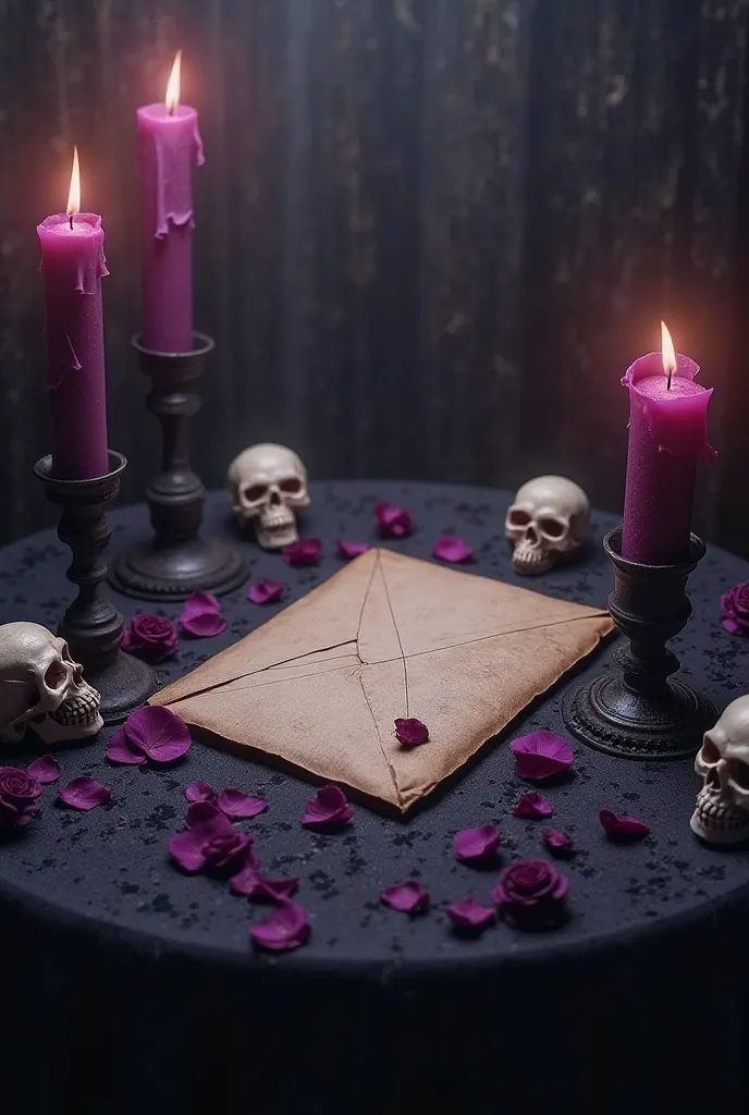 an old envelope, on a table, tablecloth with dark purple candles around, black tablecloth, dark purple rose petals on top, skull of low skulls around