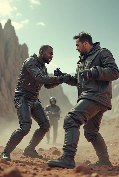 Kanye West and Elon musk fighting on a asteroid with Travis Scott singing fein 
