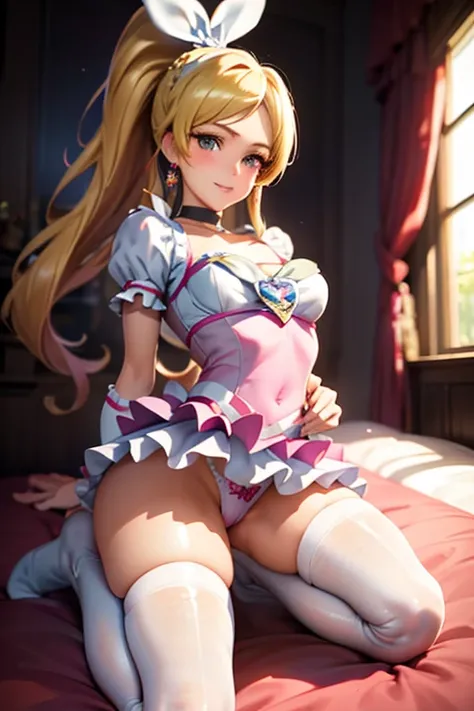 Cure the rhythm   、   Pretty Cure   、blonde、  long hair、C cup breasts、   photo from below   、(on the bed)、a girl、((   Black panties))、()、  ponytail  、   kneeling、( white thigh socks   )、