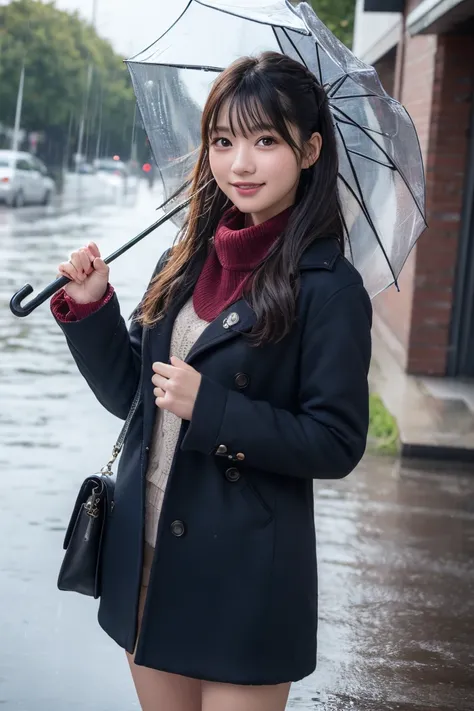 best quality, 8k, masterpiece :1.3)), 1 girl, random hairstyle,  photos, face focus, Costume, super detailed face, detailed eyes,  double eyelids, idol, cute, full body, Winter clothes, smile, Use an umbrella, It rains