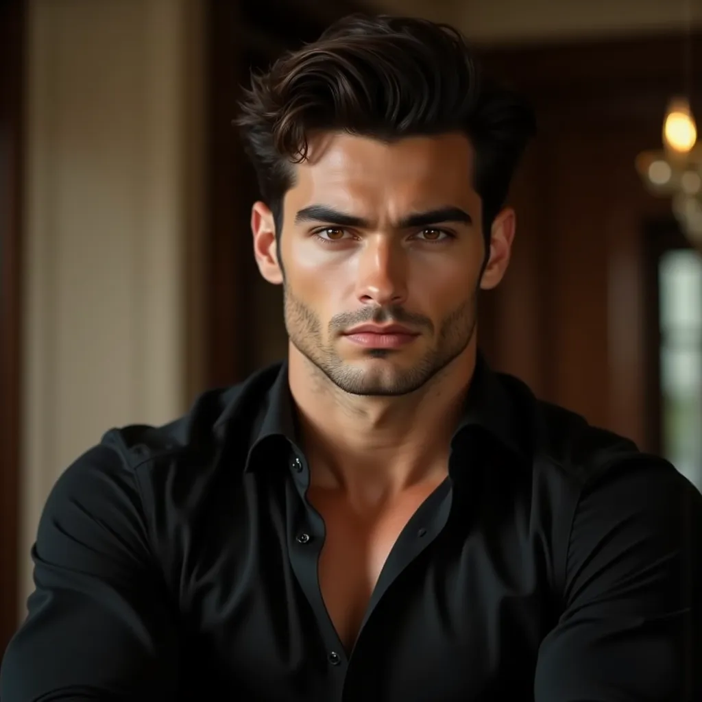 An attractive young and powerful man of 26 years old, perfect European appearance, ((Henrry Cavil )) with defined masculine features and athletic physical build, musclesp. Has a serious and arrogant expression. His face is harmonious,  Perfect shiny skin ....