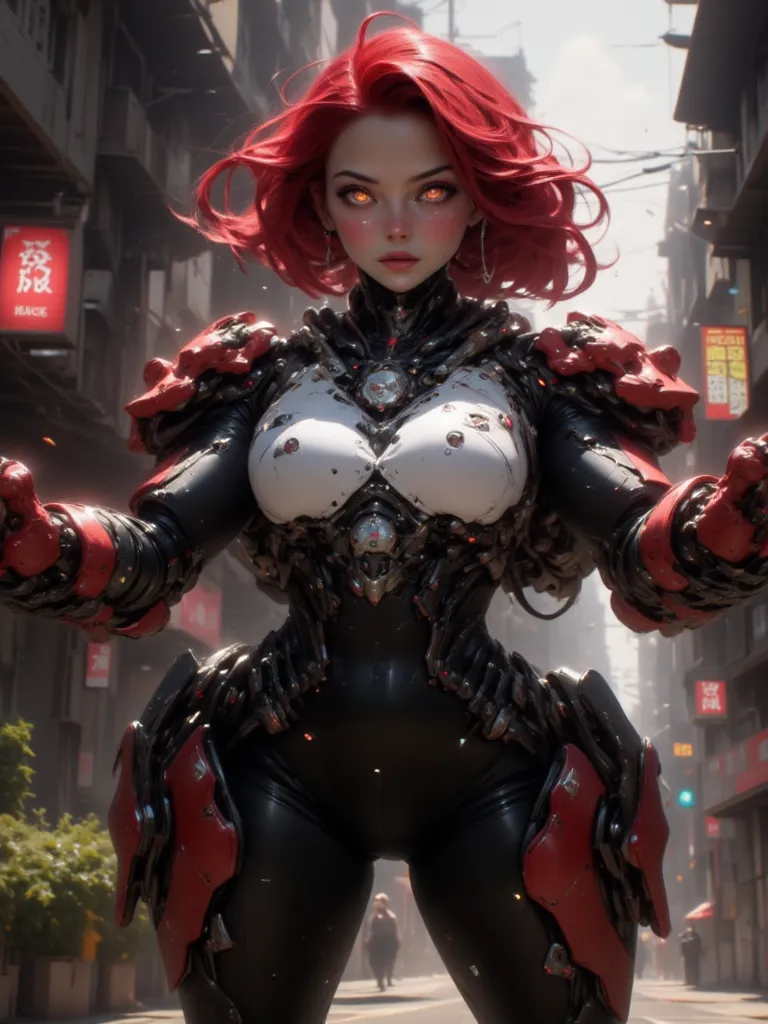 Spidra, Robotic White skinned woman, Bob cut Fiery Red Hair, Voluptuous Build, wide hipped, thick thighs, wearing a red and black spider like suit of armor, Black Spider Symbol on Her Chest, back pack that has six robotic spider legs, iridescent Red glowin...