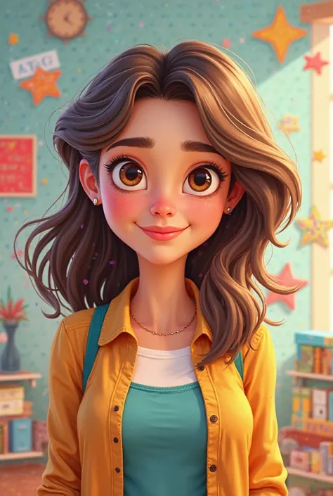 32 year old woman , elementary school teacher , hair balayage brown eyes on Pixar-style poster 