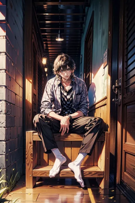 Full-body view, a man sitting on a wooden box, 8K resolution, high detail, around 20 years old, (one male:1.5), bored expression, black hair, slightly long hair:1.5, messy hair, drooping eyebrows, downturned eyes, pitch-black eyes, chic outfit, checkered j...