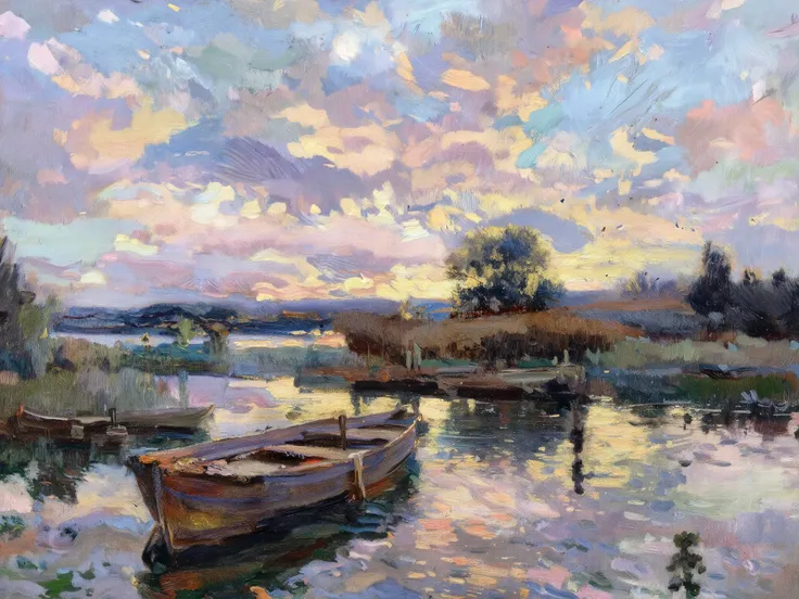 a stunning sunset lake landscape, a wooden fishing boat on a serene lake, dramatic sky with vibrant colors, sunlight reflecting on the water, an incredible award-winning abstract art piece, high quality detailed illustration, inspired by El Lissitzky, bold...