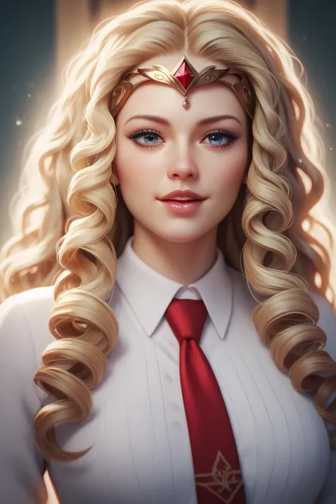 1girl, blonde hair, curly hair, red headpiece, white shirt, red tie