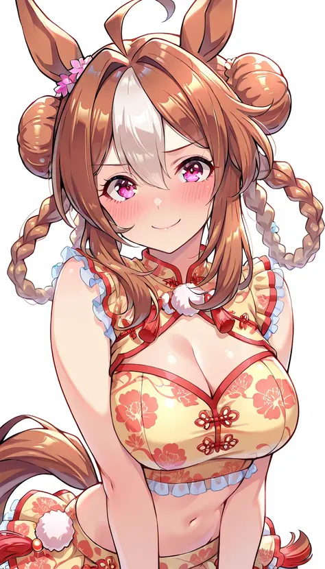 copano_rickey_\(lucky_summertime\)_\(umamusume\), pink eyes , brown hair , double bun , double braids , ahoge , streaked hair , midriff, frilled swimsuit,bikini skirt, cleavage cutout , crop top, chinese clothes, horse tail , girl, horse ears, horse tail, ...