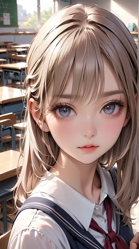  real 、 Hair、Pretty Girl、(Best Quality), 4K, Hi-Res, masterpiece)、  ( small face:1.8, ),  beautiful eyes、Delicate eyebrows, Delicate eyelashes, Slim System、 school uniform、classroom、machine、pencil、A piece of paper with a caricature on it、high image quality...