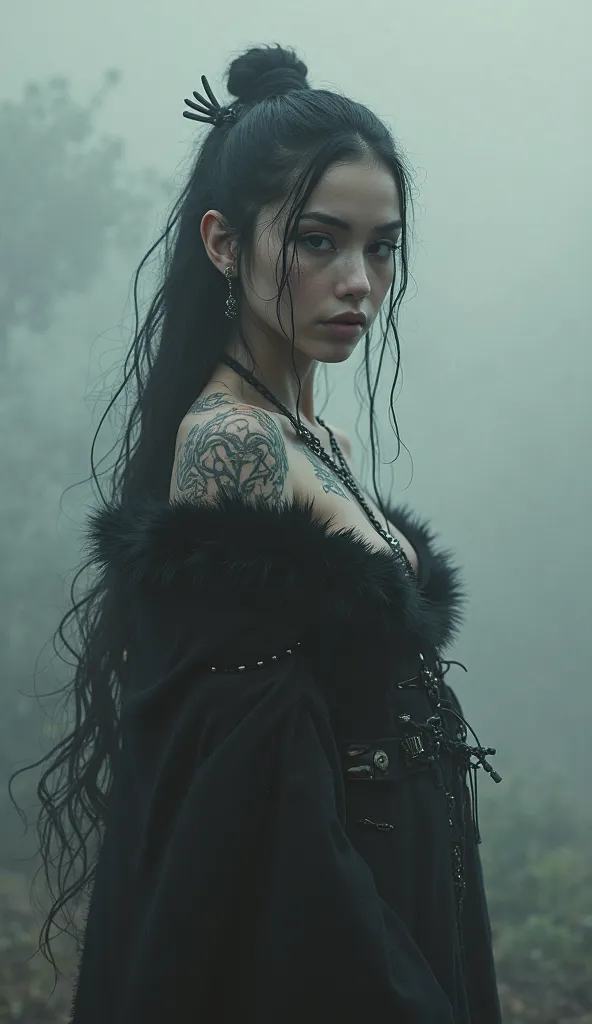 fantasy girl、tattoo、Fog、cyberpunk、black fur、monochrome、half black and white、hyperrealistic, magic