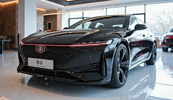 Front  side view of painted gleamy Bright black with shiny clour Modren ( 2025 BYD Denza Z9 sleaek in large shape sedan in large size 2025 BYD Denza Z9)logo on its large detailed grille in shiny red refelection falling on car clour with angular sporty desi...