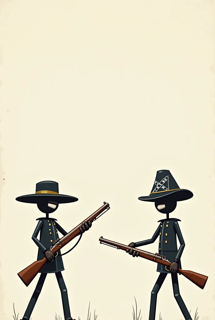 Draw 3 Stickman soldiers with, muskets, some wearing Union hats and others wearing Confederate hats.