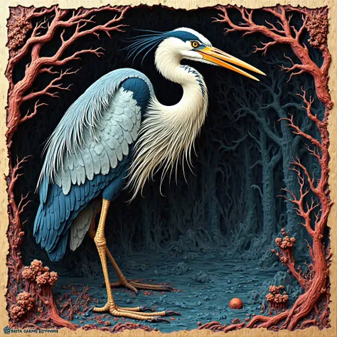 NFT 3d woodcut colored heron 
Wild creepy full body 
 Angry Giant  