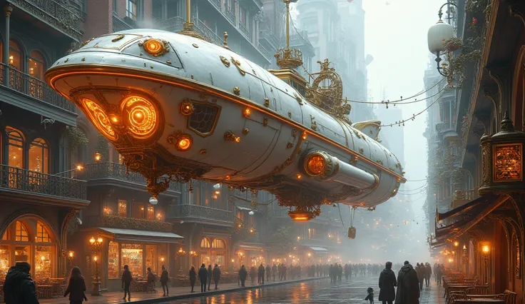 Luxurious steampunk airship with streamlined design in white with orange neon details. Steampunk airship hovers over the central street of a huge steampunk city. Multi-level buildings with cozy light in the windows. Amazing architecture luxurious white and...