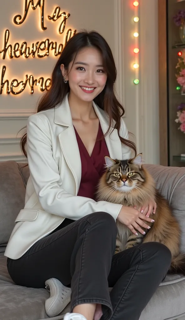 Realisme HD full body,  A beautiful Korean woman, white leather wears dress blouse Elegant maroon color, long tight black jeans, sneakers putih,  smiling thinly into the camera, sitting on a luxurious single sofa in gray color with a cute bushy striped Per...